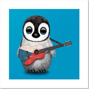 Baby Penguin Playing Czech Flag Guitar Posters and Art